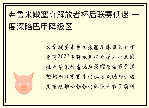 弗鲁米嫩塞夺解放者杯后联赛低迷 一度深陷巴甲降级区